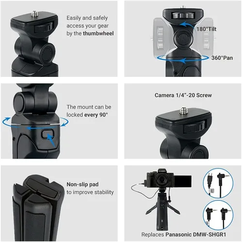 Miniatura 2 de Agarre de disparo de mano y mini trípode para reemplazar Panasonic DMW-SHGR1 Selfie Grip y control remoto para Panasonic G100 G110 G9 GH7 GH6 GH5