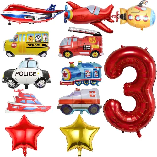 12 globos de transporte, camión, avión, autobús escolar, camión de bomberos, coche de policía, barco, ambulancia, submarino, globo de papel de