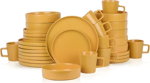 Miniatura 3 de Stone Lain Cleo Modern - Juego de vajilla de cerámica de 32 piezas, platos y cuencos, cuencos para pasta, servicio de platos para 8, color amarillo