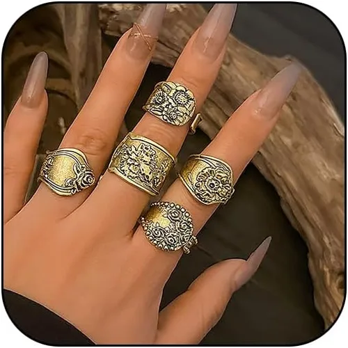 Juego de anillos abiertos apilados estilo bohemio vintage para mujer, grueso, punk, oro de 14 quilates, tallado, apilable, anillo de nudillo,