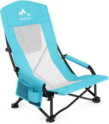 Oileus Silla de playa portátil plegable, ligera, respaldo alto, asiento bajo para tienda de campaña, refugio y campamento, respaldo de malla
