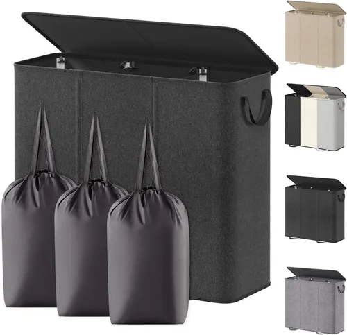 Miniatura 38 de Lifewit Cesta de lavandería doble con tapa y bolsas de lavandería extraíbles, gran plegable, 2 divisores, cesta de ropa sucia con asas para Negro