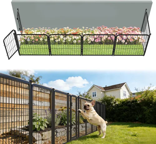 FXW - Valla de jardín metálica y resistente para exteriores, barrera para perros y conejos, fácil instalación, negro, 24 pulgadas de alto x 11.1