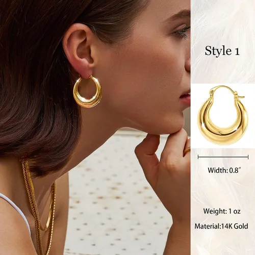 Miniatura 53 de Aretes de aro gruesos de oro para mujer, chapados en oro de 14 quilates, aretes de aro triple, hipoalergénicos, a la moda, aretes de aro gruesos