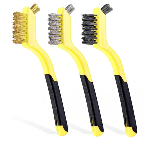 Miniatura 9 de Lavaxon Juego de 3 cepillos de alambre, cerdas de nailon/latón/acero inoxidable con mango curvado para óxido, suciedad y limpieza profunda, 7 Azul