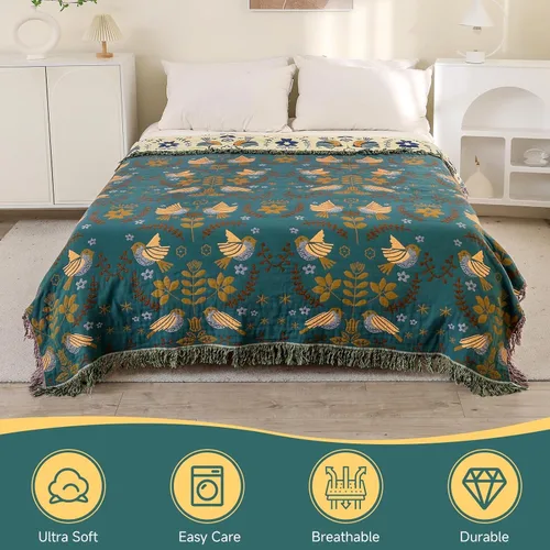 Miniatura 2 de Manta bohemia 100% algodón orgánico ultra suave transpirable rústico edredón de 50 x 60 pulgadas con pájaros y flores para sofá, silla, cama, sillón