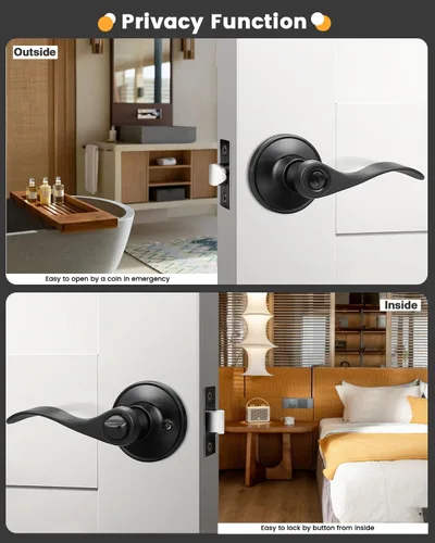 Miniatura 5 de Gobrico - Manija de puerta de privacidad negra mate, paquete de 1, palanca interior sin llave para dormitorio y baño, reversible, estilo onda/gota