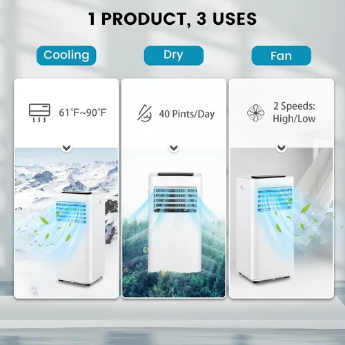 Miniatura 3 de KOTEK Aire acondicionado portátil para habitación de hasta 250 pies cuadrados, unidad de CA 3 en 1 de 8000 BTU para dormitorio con modo