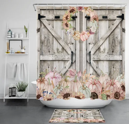 Miniatura 31 de Cortina de ducha con puerta de granero occidental para baño, lavanda púrpura y verde corona de eucalipto en tableros de madera rústica, cortina