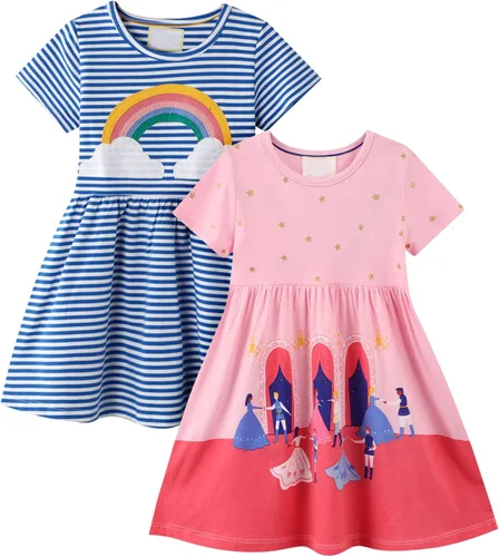Vestidos casuales para niñas pequeñas, paquete de 2 unidades, de algodón, manga larga, cuello redondo, gráficos, de dibujos animados, para 3 a 6 años