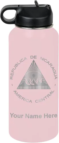 Miniatura 38 de LaserGram Botella de agua personalizada, bandera de Nicaragua, acero inoxidable de doble pared aislada al vacío con popote superior, regalo grabado