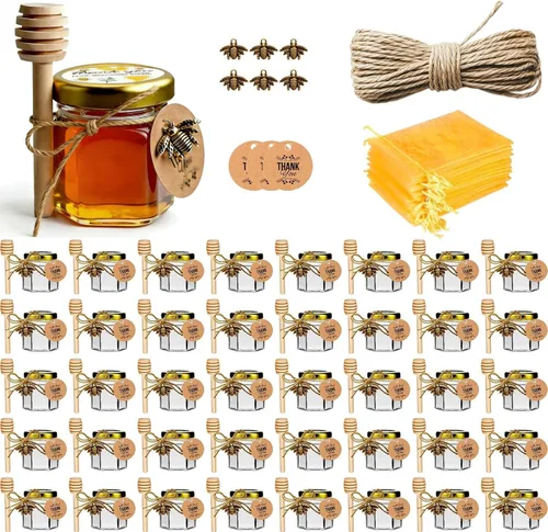 Miniatura 9 de Mini tarros de miel, 1.5 onzas de cristal hexagonal con goteros, abalorios de abeja, bolsas de regalo de organza y calcomanías, perfecto