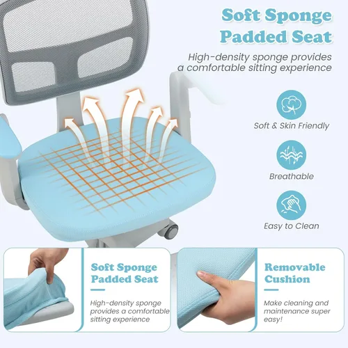 Miniatura 7 de Giantex Silla de escritorio para niños, silla rodante ergonómica ajustable con reposapiés y apoyabrazos abatibles, silla de oficina para niños