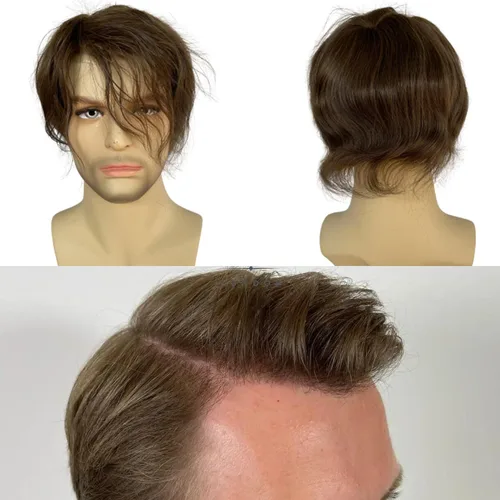 Miniatura 18 de Voloria Postizo humano virgen europeo para hombre tupé ultra transparente piel fina PU piezas de pelo de repuesto 10"x8" tamaño base #21 color rubio