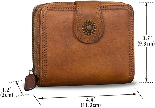 Miniatura 4 de Billeteras de cuero plegables para mujer, estilo vintage, hechas a mano, pequeño, con cremallera, Marrón, Billetera plegable