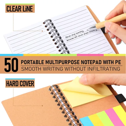 Miniatura 4 de Chuangdi 50 juegos de cuadernos en espiral forrados con notas adhesivas y bolígrafos de bambú, suministros de regreso a clases para personal