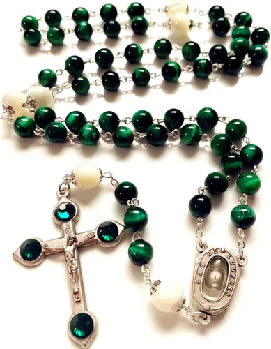elegantmedical HECHO A MANO VERDE OJO DE TIGRE CUENTAS CATÓLICAS ROSARIO CRUCIFIJO COLLAR Lourdes Medalla de agua, elegantmedical