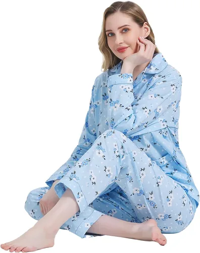 Miniatura 6 de Amaxer Conjunto de pijama 100% algodón para mujer, de manga larga, suave, con botones, con cordón elástico