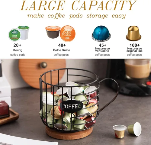 Miniatura 3 de Soporte rústico para cápsulas de café – Alambre negro de gran capacidad para almacenamiento de tazas K con tapa de madera – Decoración redonda
