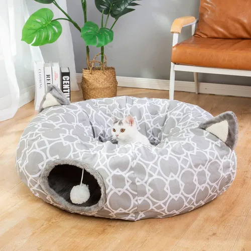 Miniatura 7 de Cama de túnel geométrico para gatos bajo el árbol de Navidad Oxford para exteriores con interior de felpa, túnel colapsable con bolas, juguetes