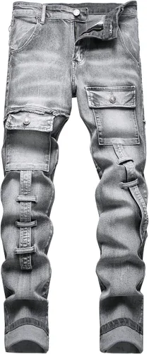 XIMXIMMTIAN Jeans rectos de motociclista para hombre, desgastados, desgastados, ajustados, rectos