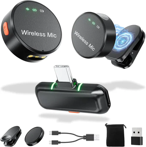 BILIWAL Micrófono Lavalier inalámbrico para iPhone 15/16 y Android y PC, micrófono magnético de solapa con clip con cancelación de ruido de 2.4G,