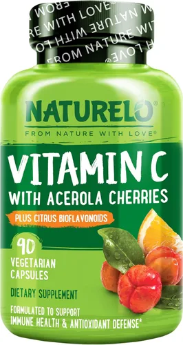 NATURELO Vitamina C con Extracto Orgánico de Cereza Acerola y Bioflavonoides Cítricos - Suplemento Vegano - Apoyo Inmunológico - 500 mg VIT C por