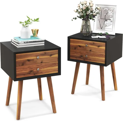Miniatura 13 de GIANTEX - Mesa auxiliar con cajones y almacenamiento, mesa auxiliar de madera estilo Mid Century multiusos para dormitorio, sala de estar, muebles
