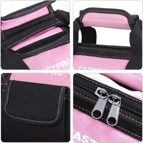 Miniatura 3 de FASTPRO Bolsa de herramientas rosa de 12 pulgadas, almacenamiento abierto de boca ancha con cremallera, material de tela de poliéster 600D para una