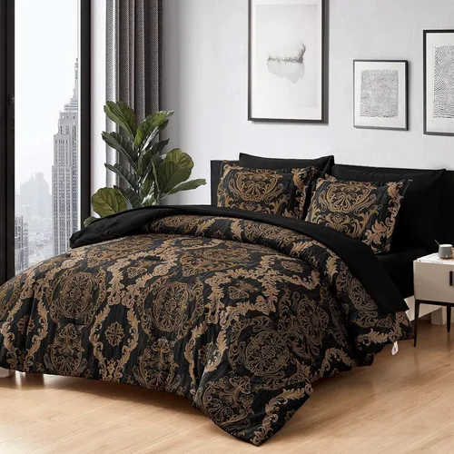 Miniatura 2 de WONGS BEDDING - Juego de edredón negro tamaño full, textura damasco dorado, juego de 7 piezas en una bolsa, de microfibra - 1 edredón, 1 sábana