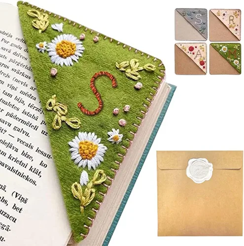 Miniatura 55 de Marcapáginas de esquina bordado a mano personalizado, 26 letras con costura a mano de fieltro, marcapáginas de esquina con bordado de flores lindo