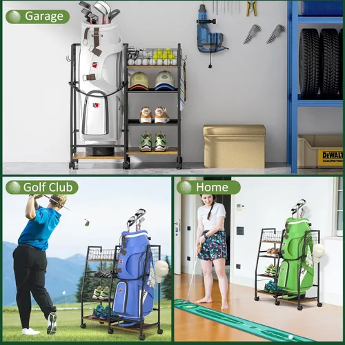 Miniatura 7 de DAOUTIME Estante de Almacenamiento para Bolsa de Golf de Garaje con Ruedas, Organizador para Bolsa de Golf Individual y Accesorios de Equipo, Ideal