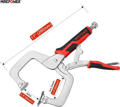 Miniatura 2 de MAXPOWER Juego de abrazaderas de bloqueo en C de 11 pulgadas, 2 unidades de abrazadera de cara metálica con almohadillas giratorias planas grandes