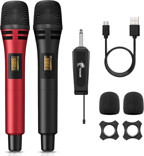 TONOR Micrófonos inalámbricos, sistema de micrófono de karaoke UHF dual, Microfonos Inalambricos con receptor recargable, juego de micrófonos