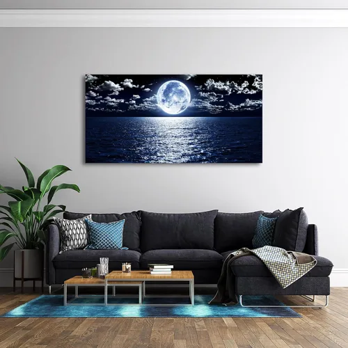 Miniatura 6 de Cao Gen Decor Art S06950 - Lienzo decorativo para pared, diseño de luna, mar, océano, paisaje, 1 panel, luna llena en nube, cuadros estirados