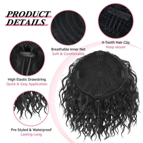Miniatura 3 de Extension de cabello con moño desordenado, textura Yaki, con cabello suelto, ondulado y rizado, corto, con cordón de ajuste, extensiones de cola