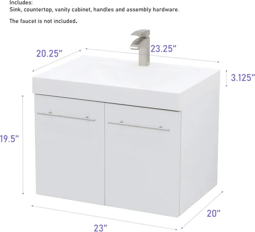 Miniatura 2 de Juego de lavabo flotante para montaje en pared, color gris oscuro, encimera de fregadero integrada blanca, 23.25 pulgadas