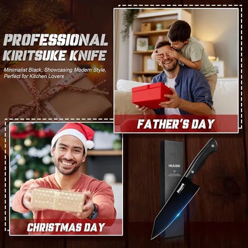 Miniatura 6 de Huusk Cuchillo de chef japonés para cocina, cuchillo Kirisuke de 7 pulgadas con revestimiento de titanio negro, cuchillos de cocina de acero