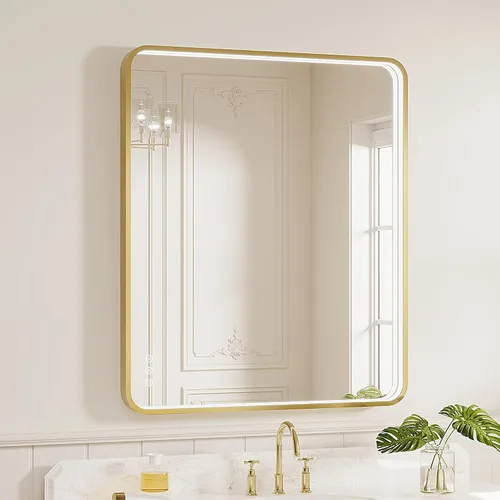 Miniatura 40 de Espejo de baño LED de 24x32 pulgadas con luces, espejo LED con marco de metal negro para baño, 3 colores y luz regulable sin escalones montada