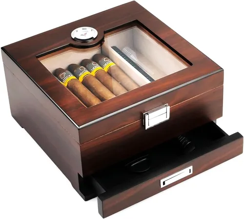Miniatura 13 de Bald Eagle Humidor de puros, caja superior de vidrio con higrómetro humidificador, caja de madera de cedro de escritorio hecha a mano con capacidad