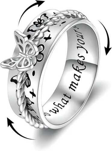 Anillo giratorio de libélula y mariposa Sariel 925 de plata de ley, anillo antiansiedad, anillos giratorios para aliviar el estrés para mujeres,