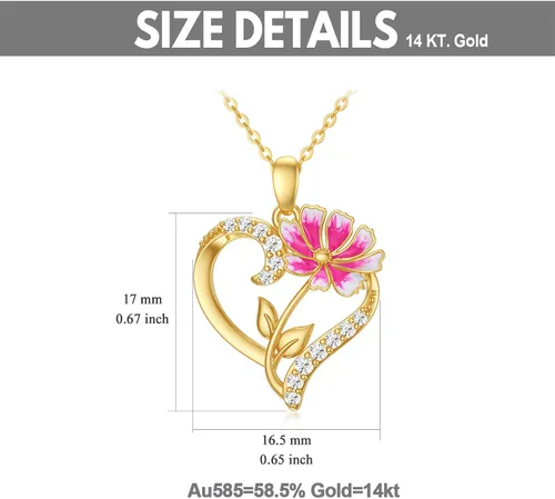 Miniatura 19 de Collar de flor de nacimiento de oro real de 14 quilates para mujer, oro amarillo creado moissanita con colgante de corazón, collares