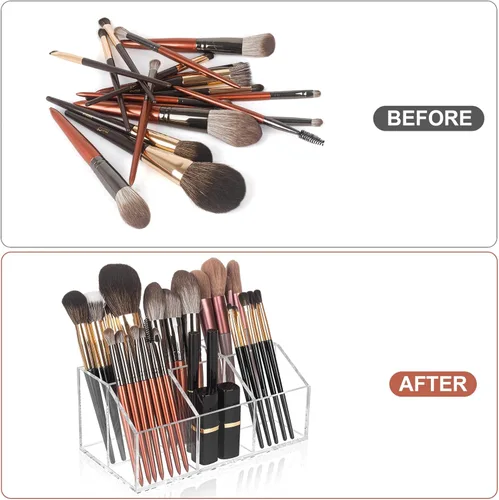 Miniatura 3 de Organizador de brochas de maquillaje transparente de acrílico con 6 ranuras para cosméticos, organizador de almacenamiento para encimera de tocador
