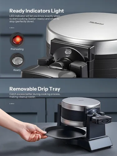 Miniatura 5 de Yabano Fabricante de Gofres Belga - Plancha para Gofres Rotativa Profesional con Tecnología de Doble Volteado, Placas Antiadherentes, Bandeja