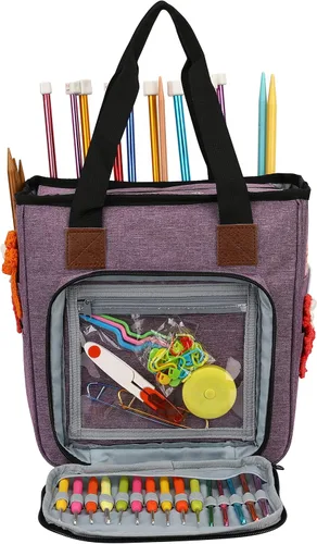 Miniatura 9 de Bolsa de almacenamiento de hilo para tejer, organizador de ganchillo de gran capacidad, bolsa de viaje portátil con correa para el hombro, estuche