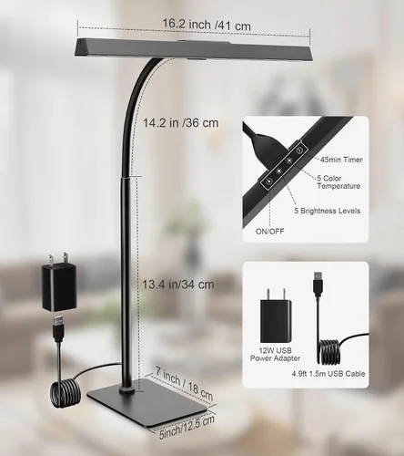Miniatura 9 de Lámpara de escritorio para oficina en casa con base, luz de escritorio con cuello de cisne ajustable, adaptador USB de 12 W, control táctil, 5