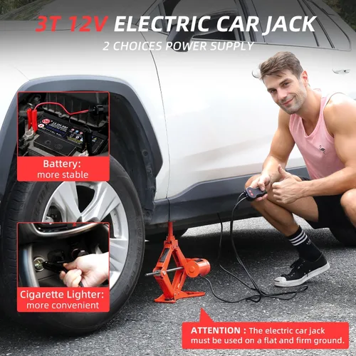 Miniatura 7 de STANDTALL - Gato eléctrico para autos 3T, gato de piso de tijera, juego de elevador automático de 12V, kit de reparación de neumáticos para Rojo