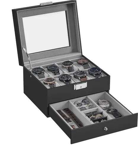 Miniatura 22 de SONGMICS UJWB012 - Caja de reloj de 12 ranuras, caja de reloj con cerradura con tapa de vidrio, 2 capas, con 1 cajón para anillos, pulseras, idea