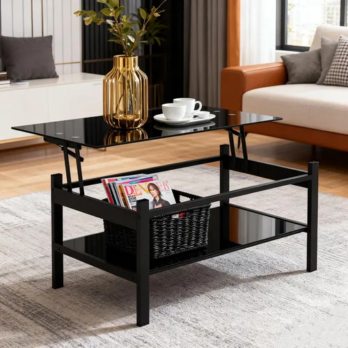 Miniatura 8 de Meihua Mesa de Centro de Cristal con Tapa Elevable con Compartimento de Almacenamiento y Estantes Abiertos Separados, Tapa de Mesa Elevable