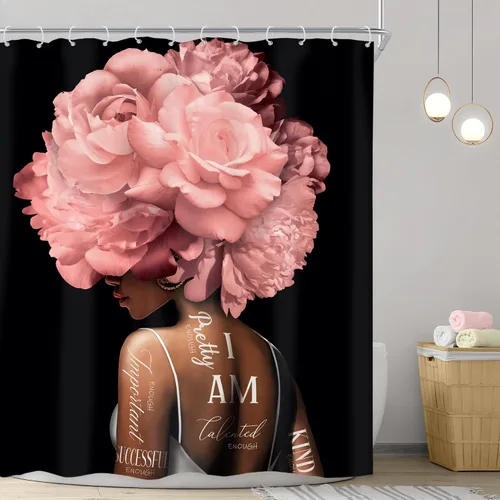 Miniatura 2 de Riyidecor Cortina de ducha afroamericana de 60 pulgadas de ancho x 72 pulgadas de alto, cortinas de ducha para niña y mujer, diseño floral